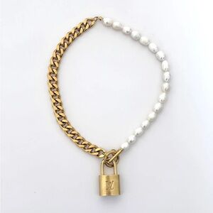 Authentic Louis Vuitton Lock Pearl Chain Necklace